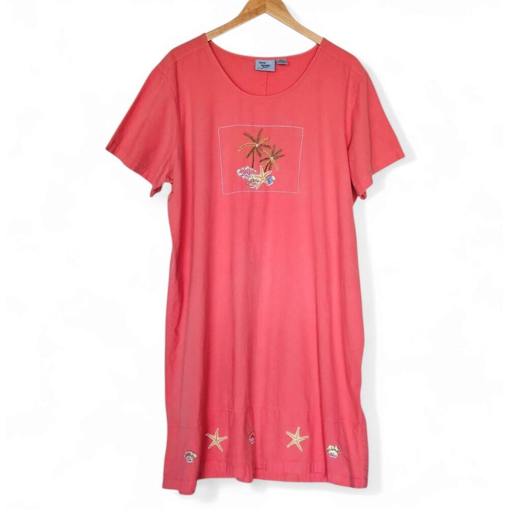 Vintage Jane Ashley Dress 2X Beachy Coastal Embroidery Beaded Shell Starfish 90s